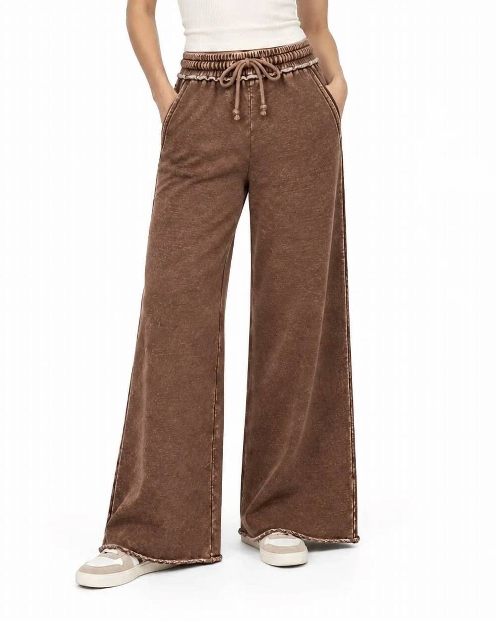 NEW ZENANA acid wash fleece palazzo sweatpants in chocolate
